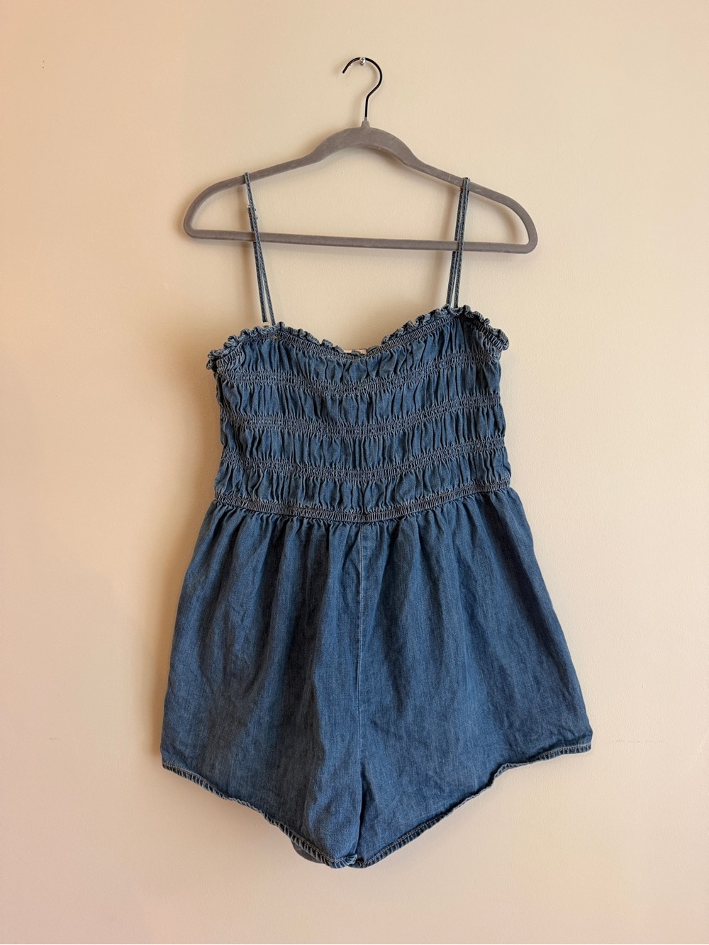 Vanilla Star XL Blue Chambray Smocked Romper Denim